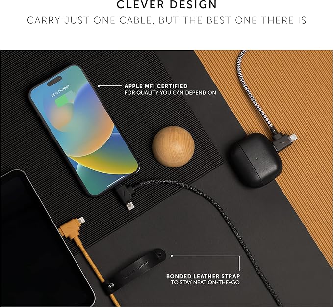 Native Union Belt Cable Duo – 5ft Ultra-Strong Braided Universal Charging Cable – Made with Recycled Materials – 2-in-1 Multi-Device MFi Certified Connectors for Lightning & Type-C Devices (Kraft)