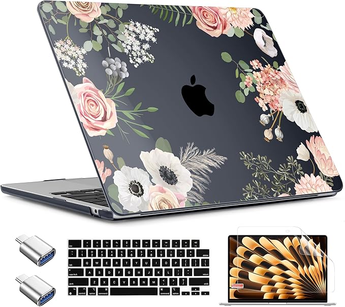 TWOLSKOO Compatible with M4 MacBook Air 15 inch Case 2025-2023 Released Model M4 A3241 M3 A3114 M2 A2941, Plastic Hard Shell & Screen Protector & Keyboard Cover & Type C Adapter, Rose Flower