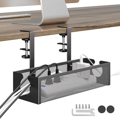 DELAMU Under Desk Cable Management Tray, No Drill Metal Mesh Cable Management Under Desk with F-Clamp Mount & 2 Open Holes, Cord Organizer for Home Office, 1 Pack, Black