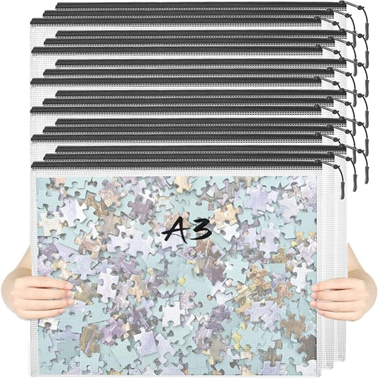 YOPCDJ 18pcs Mesh Zipper Pouch Puzzle Storage Bags A3 17x12 Inches Large File Bags Black Reusable Zipper Pouches for Organizing, Classroom Board Game Organization