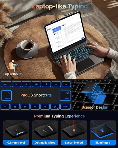typecase Touch Case with Keyboard for iPad Pro 13-inch(M4, 2024), iPad Air 13-inch(M3, 2025/M2, 2024) & iPad Pro 12.9(6th/5th/4th/3rd Gen), Trackpad, 360° Rotatable, 11-Colors Backlit, Space Black