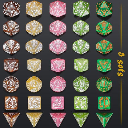 CiaraQ Polyhedral Dice Set, 5 Colors with 5 Decorative Pouches, 7 Pieces per Set, Fantasy RPG Gaming Dice/DND Dice/Role Playing Dice, Easter Themed