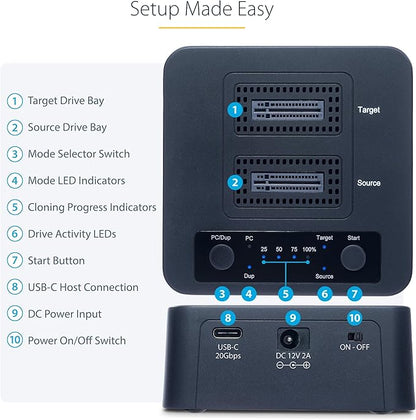StarTech.com 1:1 M.2 NVMe Drive Duplicator, 90GBpm Standalone M.2 SSD Cloner/Copier, USB-C 3.2 20Gbps M.2 Dual-Bay Drive Dock