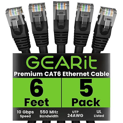GEARit Cat 6 Ethernet Cable Pack - 5-Pack 6 ft Cat6 Ethernet Patch Cables | RJ45 Network Patch Cable, 10 Gbps Snagless Gold-Plated Connectors - Ethernet Cable Cat 6 for PC, TV, Router - Black