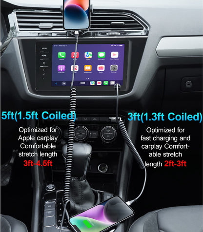 PRAKIE iPhone Charger Cable for Car (3FT/5FT), 2Pack Coiled Lightning Cable