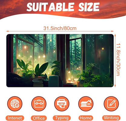 Desk Mat, Window View of Forest Desk Pad, Green Atmosphere Large Gaming Mouse Pad for Desk, 31.5"x15.7" Extended Big Computer Keyboard Mouse Pad with Non-Slip Base and Stitched Edge