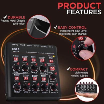 Pyle 8-Channel Wireless BT Streaming Mini Line Mixer with USB Audio Interface - 8 Mono/Stereo Switching Inputs | Ultra-low Noise Design with High Headroom | Built-in USB Sound Card - PMAX8