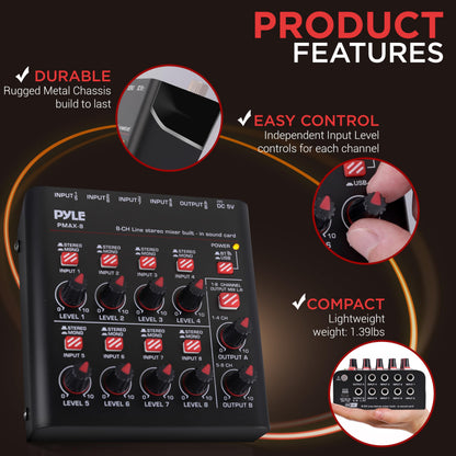 Pyle 8-Channel Bluetooth Mini Line Mixer with USB Audio Interface - 8 Mono/Stereo Switching Inputs | Ultra-low Noise Design with High Headroom | Built-in USB-C Sound Card - PMAX8