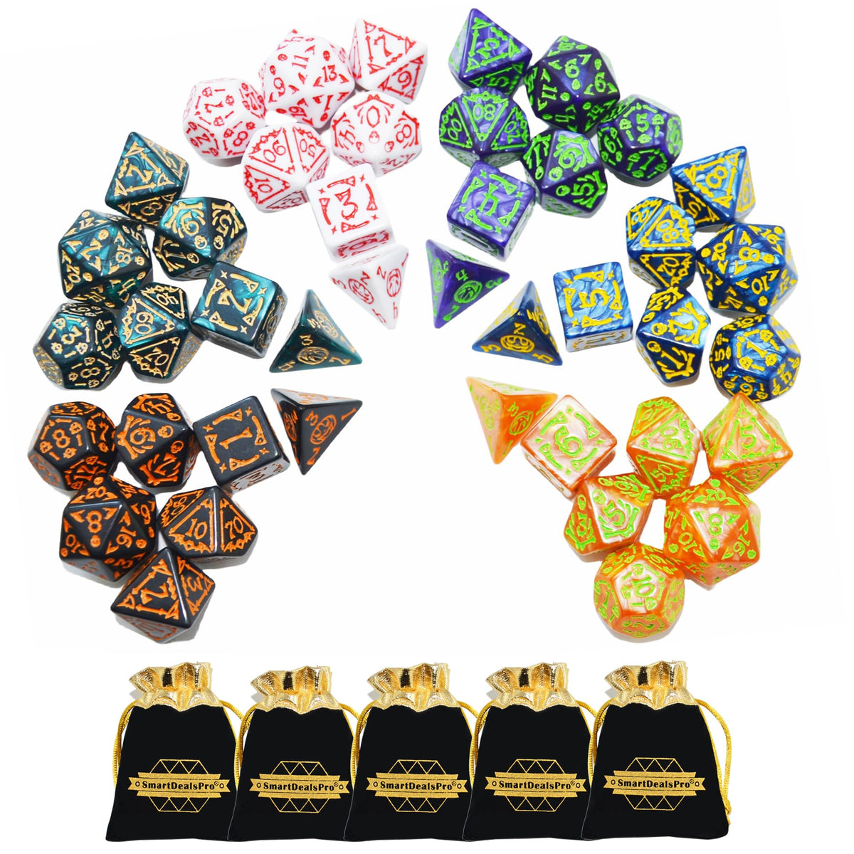 SmartDealsPro 5 x 7-Die Double-Colors Polyhedral Dice Sets with Pouches for D&D DND RPG MTG Dungeon and Dragons Table Board Roll Playing Games D4 D6 D8 D10 D% D12 D20