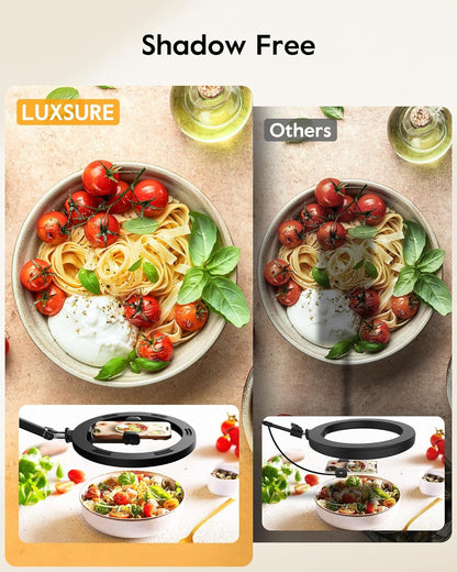 LUXSURE 10" Overhead Ring Light for Desk with Weighted Base, Freestanding Telescopic Phone Mount, Phone Stand with Light & Remote for Video Recording, Cooking, Crafts, Live Streaming