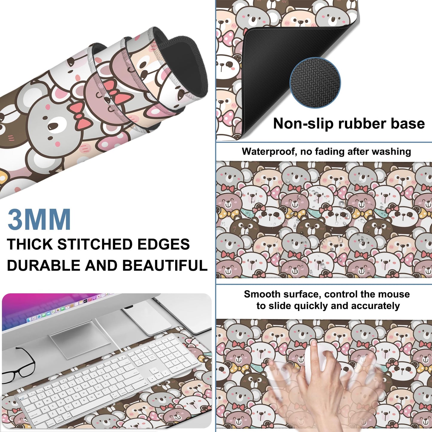 NITAHHHY Gaming Desk Pad Large Extra Length Panda and Koala Mouse Pad Keyboard Laptop Non-Slip Waterproof with Rubber Base Thick Stitched Edge Mouse Mat for Office Home 35.4 x 15.7 Inches