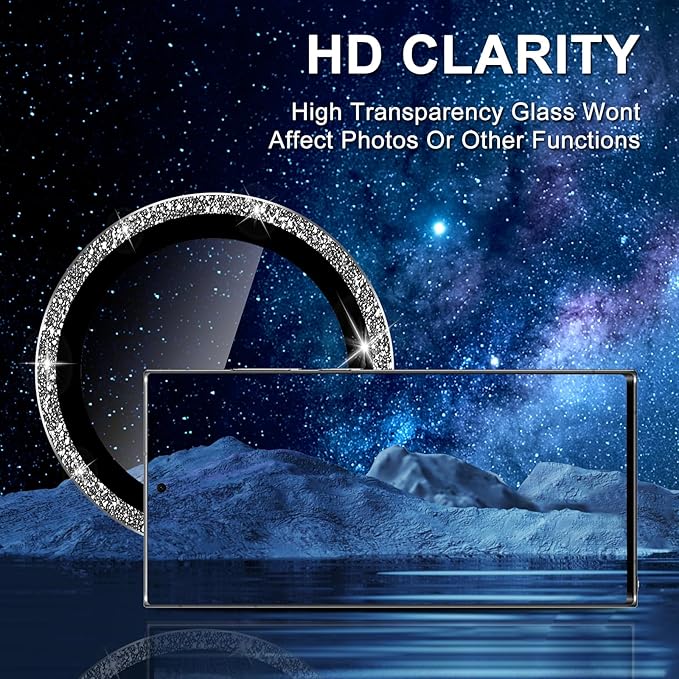 for Samsung Galaxy S22 Ultra Camera Lens Protector, Individual Metal Ring Tempered Glass Lens Cover, [Strong Adsorption] Scratch Resistant Ultra-Thin HD Clear Lens Cover, 1 Set-Black Sparkly