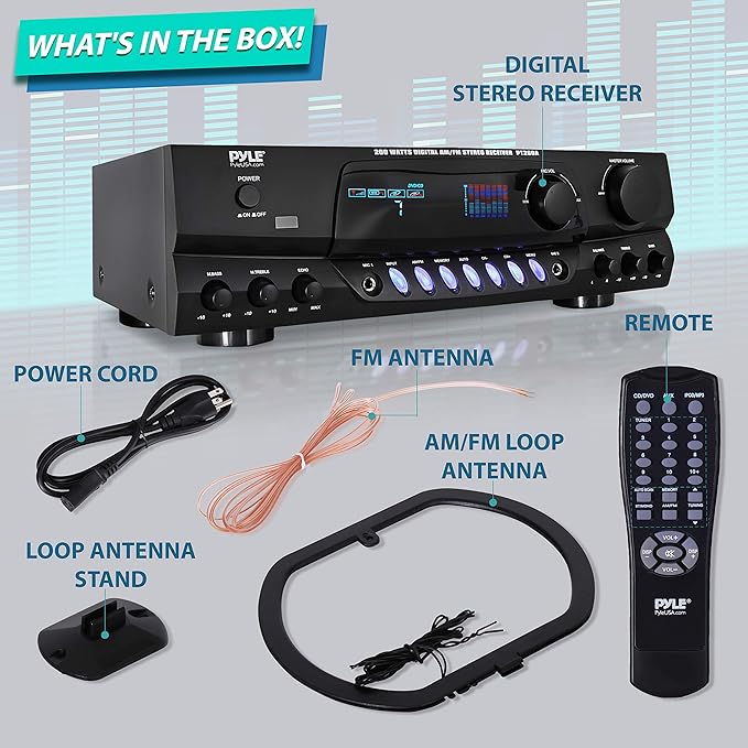 Pyle 200W Home Audio Power Amplifier - Stereo Receiver w/AM FM Tuner, 2 Microphone Input w/Echo for Karaoke, Great Addition to Your Home Entertainment Speaker System - PT260A.5
