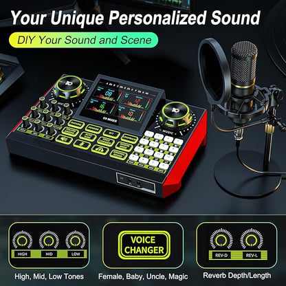 Podcast Microphone Bundle with Live Sound Card Audio Mixer, Podcast Equipment Bundle Sound Board with 3.5mm Condenser Microphone for Pc/Phone Live Streaming Singing Gaming,Voice Changer, Denoise
