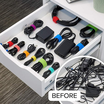 Self-Gripping Cable Ties by Wrap-It Storage, Multi-Color, 5 Inch Straps (50-pack) – Reusable Hook and Loop Cord Organizer Cable Ties for Cord Management and Desk or Office Organization