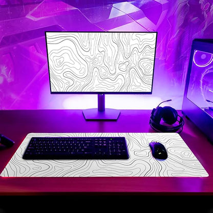 Topographic Contour White Gaming Mouse Pad XL Geographic Map Lines Extended Big Large Desk Mat Non-Slip Rubber Base Stitched Edge Long Keyboard Mousepad for PC Computer Laptop,31.5x11.8 Inch