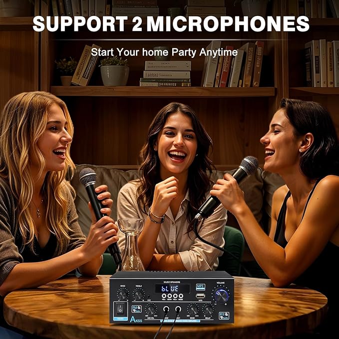 AK55 Bluetooth 5.0 Amplifier Home Audio,2.0 Channel Max 450W Power Stereo Amplifier Receiver w/USB/AUX/RCA/Opt/COA /2 MIC in for Home Theater Speakers