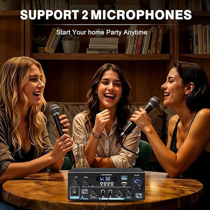 AK55 Bluetooth 5.0 Amplifier Home Audio,2.0 Channel Max 450W Power Stereo Amplifier Receiver w/USB/AUX/RCA/Opt/COA /2 MIC in for Home Theater Speakers