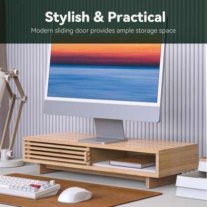 WELL WENG 25" Monitor Stand with Sliding Doors Desk Shelf Bamboo