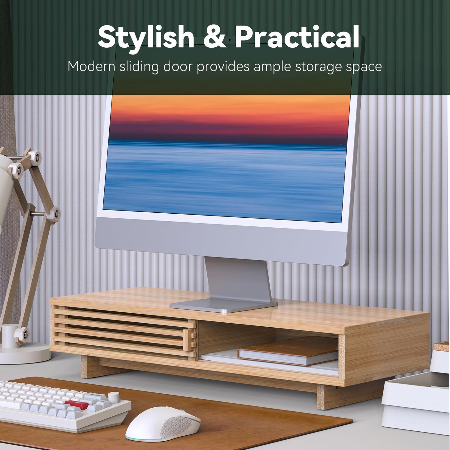 WELL WENG 25" Monitor Stand with Sliding Doors Desk Shelf Bamboo