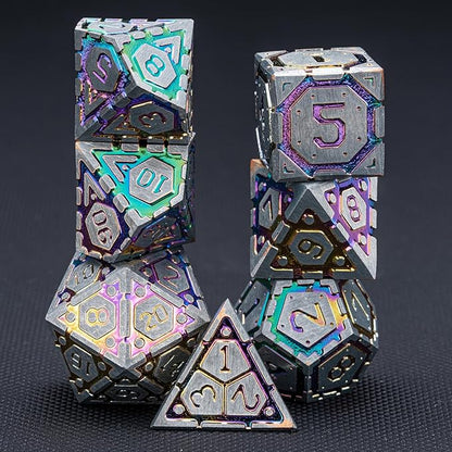 DND Metal Dice Set, Polyhedral Dice Set for RPG D&D Dice with Cracks Dungeons and Dragons Dice Set for RPG TTRPG D&D Die with Gift Case（Silver and Coloured Ink-1）