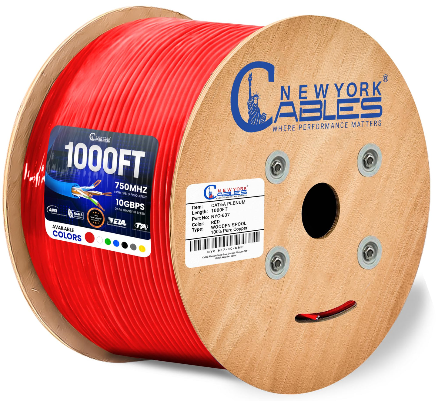 Newyork Cables Cat6a Plenum Cable 1000ft - Certified 100% Solid Pure Copper CAT6 A Ethernet Cable – 23 AWG, 750 MHz, PoE++ - Unshielded Twisted Pair - Cat 6a 10 GB High Speed for Networking & Gaming