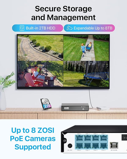ZOSI 4K PoE Security Camera System with AI Face Person Vehicle Detection, 4 x 5MP 3K Outdoor Auto Tracking PT PoE Camera with 5X Digital Zoom, 2-Way Audio, 8CH 8MP NVR with 2TB HDD (16CH Expandable)