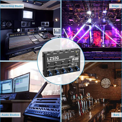 LZSIG Mini Audio Mixer, Stereo Line Mixer for Sub-Mixing, Ultra Low-Noise, 4-Channel, Dynamic Microphone Independent Control, 1/4" & 1/8" TRS Output and Input for Guitars,Bass,Keyboards