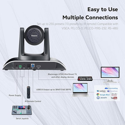 Tenveo UHD 4K PTZ Conference Room Camera 12X Optical Zoom USB3.0/HDMI Wide View Angle, 4K PTZ Camera for Video Conference Church Services Worship Events, Zoom/OBS/YouTube Live Streaming