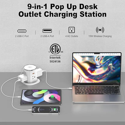 Jgstkcity Pop Up Outlet for Countertop 3.15-inch Desk Wire Hole Insert,9-in-1 Power Strip with 15W Wireless Charger,4 Outlets 4 USB Ports,15Amp Tamper Resistant Receptacle, ETL Listed