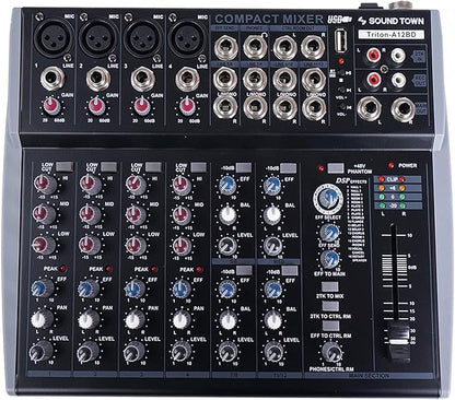 Sound Town Professional 12-Channel Audio Mixer with USB interface, Recording, EQ, Bluetooth, DSP and 48V Phantom (TRITON-A12BD)