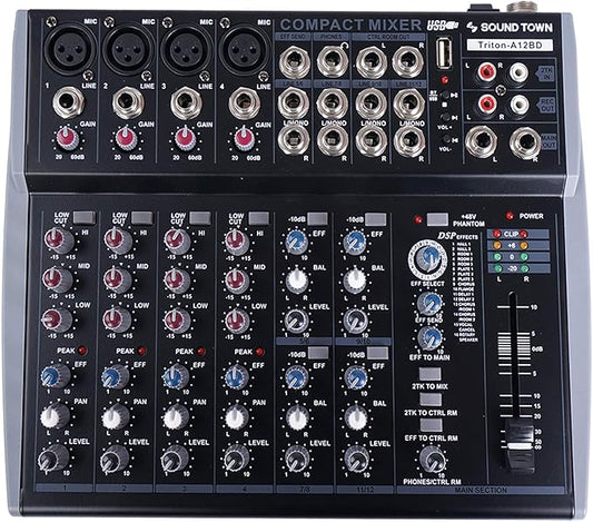 Sound Town Professional 12-Channel Audio Mixer with USB interface, Recording, EQ, Bluetooth, DSP and 48V Phantom (TRITON-A12BD)