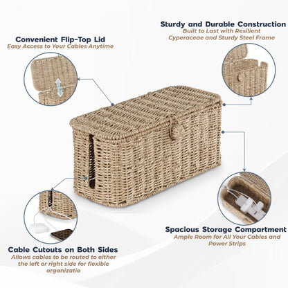 Bluewest 2-Pack Large Cable Management Box,Natural Rattan Cable Cord