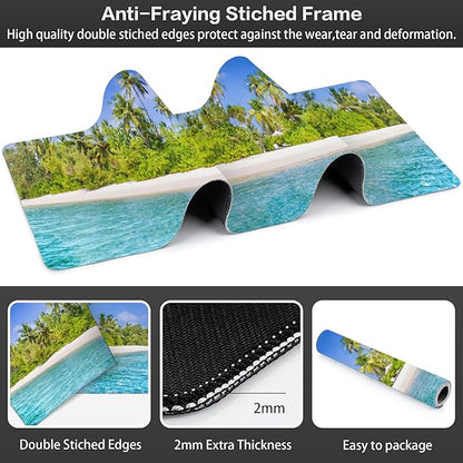 Tropical Nature Landscape Desk Mat,Large Summer Beach Seawater and Palm Trees Gaming Keyboard Mouse Pad,Non-Slip Rubber Base Desk Pad Thick Stitched Edges Waterproof Mousepad Mouse Mat 31.5"x11.8"