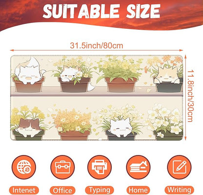 KOAIWPAE Desk Pad, Cute Cat Potted Plant Desk Mat, Anime Kawaii Cat Large Gaming Mouse Pad for Desk, 31.5"x15.7" Extended Big Computer Keyboard Mouse Pad with Non-Slip Base and Stitched Edge