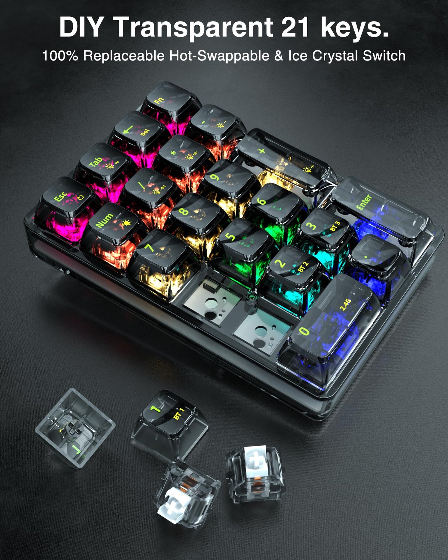 SOLAKAKA K21 RGB Backlit Tri-Mode Transparent Wireless Mechanical Number Pad Supports 3 BT/2.4GHz/Type C Wired, Hot Swappable 21 Keys with Transparent Keycaps Black