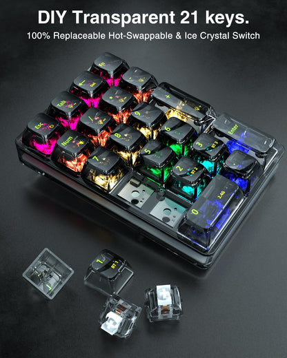 SOLAKAKA K21 RGB Backlit Tri-Mode Transparent Wireless Mechanical Number Pad Supports 3 BT/2.4GHz/Type C Wired, Hot Swappable 21 Keys with Transparent Keycaps Black