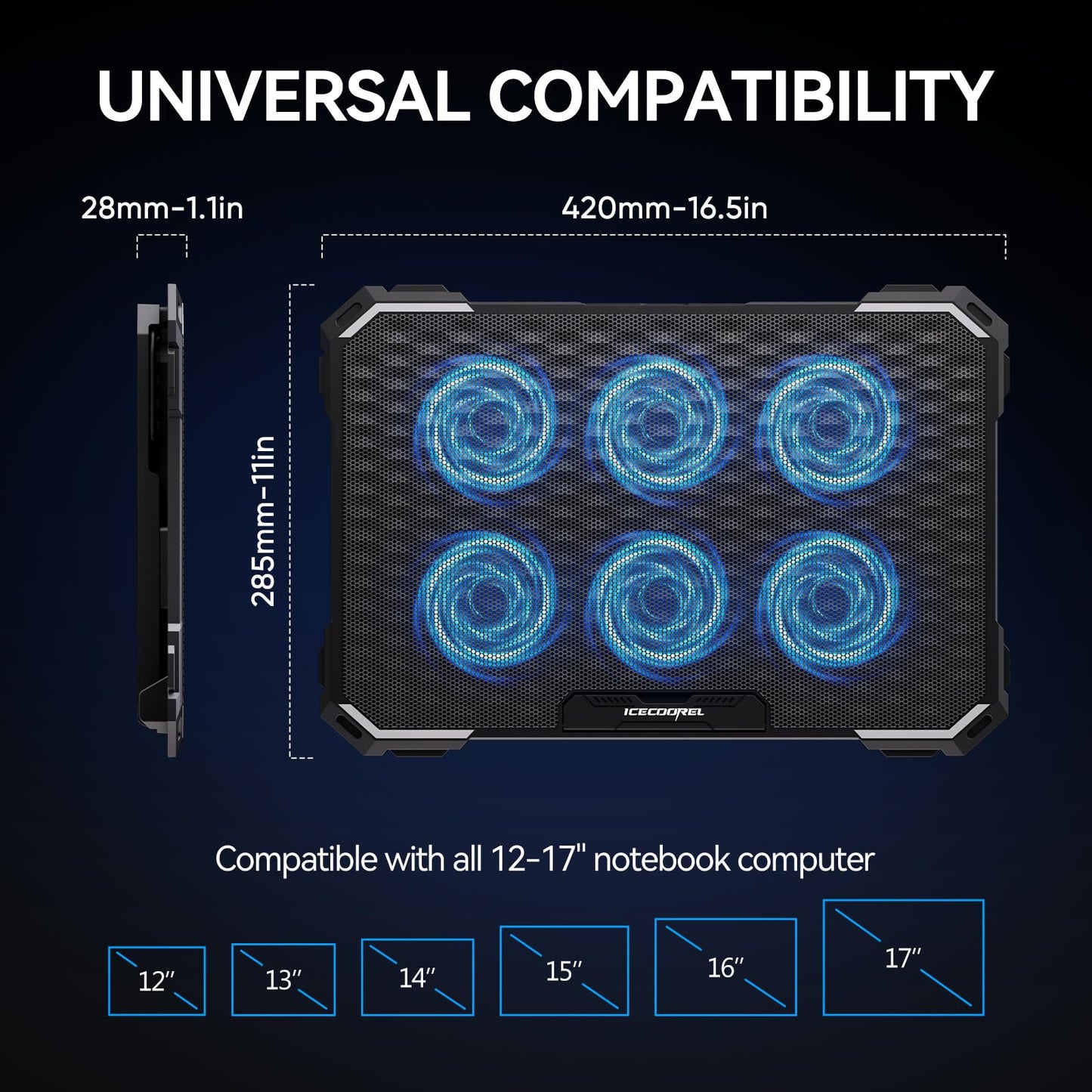ICE COOREL Laptop Cooling Pad with 6 Cooling Fans, Cooling Pad for Laptop Fan 13-15.6 Inch, Laptop Cooler Stand with 6 Height Adjustable, Notebook Cooler Pad with Two USB Port