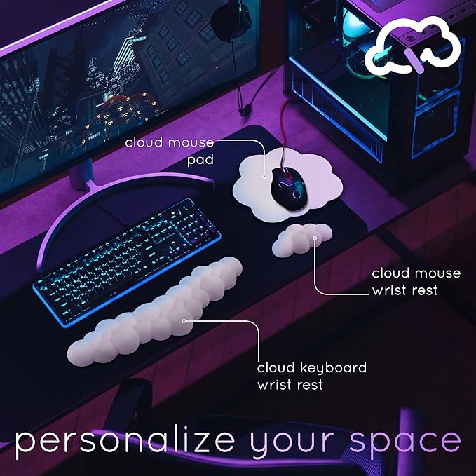 Qloud Cloud Wrist Rest Keyboard Wrist Rest for Computer Keyboard Pad, Cloud Keyboard Wrist Rest, Wrist Pad for Keyboard, Memory Foam, Non Slip Base, Comes with Mouse Pad - White