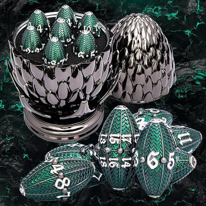 ARUOHHA DND Metal Dice Black Green Dragon Egg Dice with Rotating Dragon Egg Shell, Role Playing Game RPG Polyhedral D and D Dice Set D20 D12 D10 D8 D6 D4