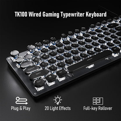 SEUNKWANG Typewriter Style Mechanical Gaming Keyboard with White Backlit, Wired Retro Punk Computer Keyboard Durable Metal Panel, Clicky Blue Switch, Round Keycaps, Full-size for PC/Desktop/Win, Black