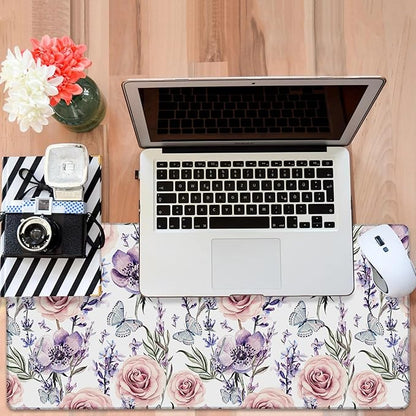Gaming Desk Pad Large Extra Length Lavender, Roses and Anemone Mouse Pad Keyboard Laptop Non-Slip Waterproof with Rubber Base Thick Stitched Edge Mouse Mat for Office Home 35.4 x 15.7 Inches