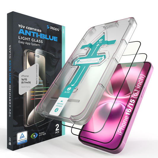 Deppa |2 Pack| Anti-Blue Light Screen Protector for iPhone 16/15 (6.1') | Scratch Resistant Tempered Glass | 3D Edge to Edge Coverage | Easy Installation Kit | Eye Safeguard TÜV Certified
