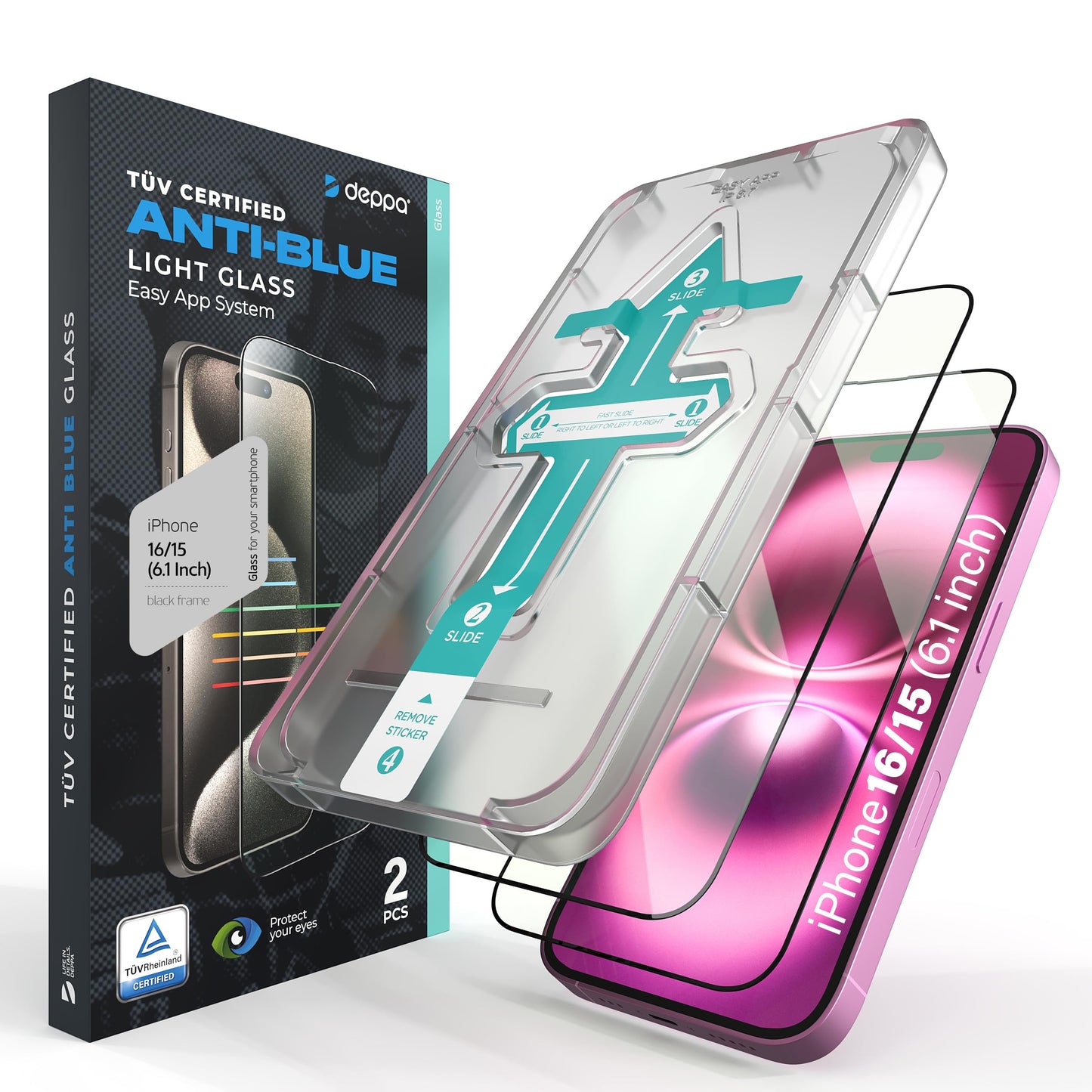 Deppa |2 Pack| Anti-Blue Light Screen Protector for iPhone 16/15 (6.1') | Scratch Resistant Tempered Glass | 3D Edge to Edge Coverage | Easy Installation Kit | Eye Safeguard TÜV Certified