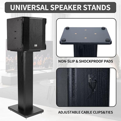 24 Inch Speaker Stands Wood Grain Universal Floor Speaker Stands Pair Heavy Duty Surround Sound Speaker Monitor Stand for Home Theater with Sand Filling Tuning Function - Black