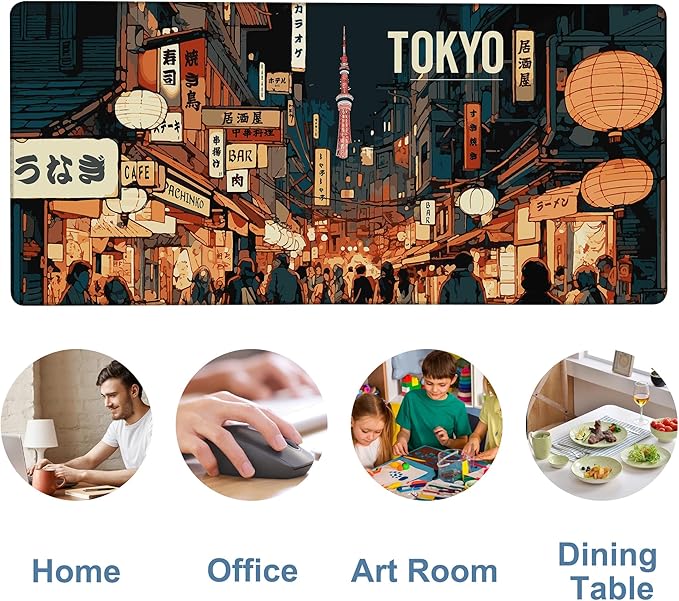 Gaming Desk Pad Large Extra Length Tokyo Japan Mouse Pad Keyboard Laptop Non-Slip Waterproof with Rubber Base Thick Stitched Edge Mouse Mat for Office Home 35.4 x 15.7 Inches