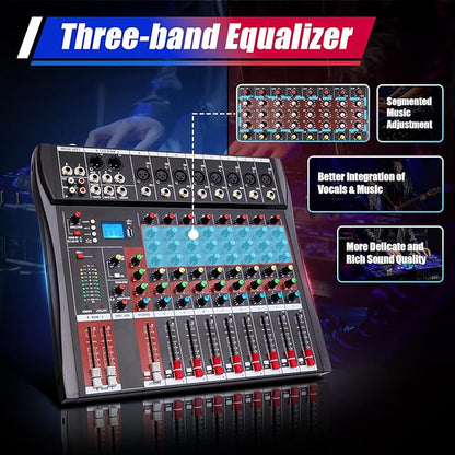 8 Channel Audio Mixer, Bluetooth Studio Mixer Audio DJ Sound Board Controller with USB, Sound Mixer Console Mixing Board for Professional and Beginners (8 Channel)