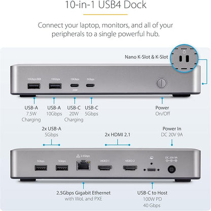 StarTech.com USB-C Docking Station (10-in-1, USB4), Up to 100W Charging for Laptop, 40Gbps Data Transfer, 2.5Gb Ethernet, Single 8K, Dual 4K Display, 6X USB (Not MacOS Compatible)