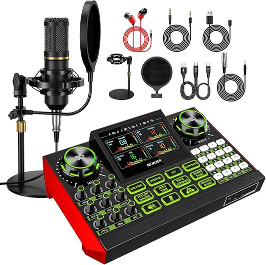 podcast equipment bundle, Live Sound Card with Audio Interface, All-in-One Audio Mixer with Voice Changer, Condenser Microphone for Live Streaming, Singing, Gaming, and Content Creation.