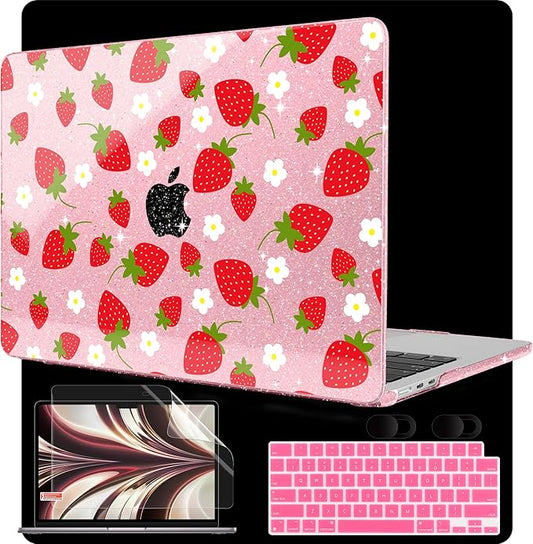 MEEgoodo Case for M5/M4/M3/M2 MacBook Air 13.6 inch 2026 2025 2024 2022, Fit Model A3449/A3240/A3113/A2681, Case Compatible with MacBook Air 13 inch, Strawberries & Flowers